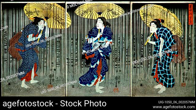 Art, Utagawa Kuniyoshi 1798-1861, title of the work, Sudden Shower in the Summer Heat (Shochu no yudachi), about 1849-1851, Oban vertical triptych cm 37