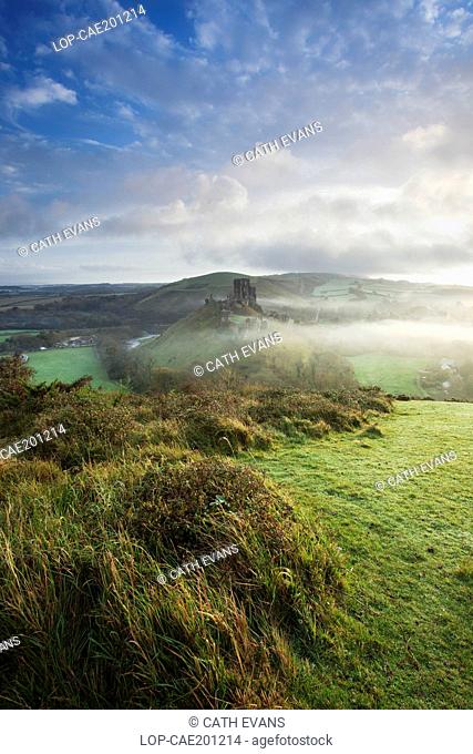 England, Dorset, Corfe Castle. Corfe Castle surrounded by low lying mist at sunrise