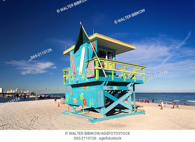 USA, Florida, Miami Beach, South Beach, colorful lifeguard tower