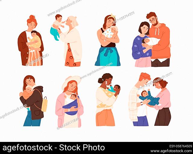 Set of cute women and families with newborn baby. Collection of different children with happy parents feeling love isolated vector flat illustration