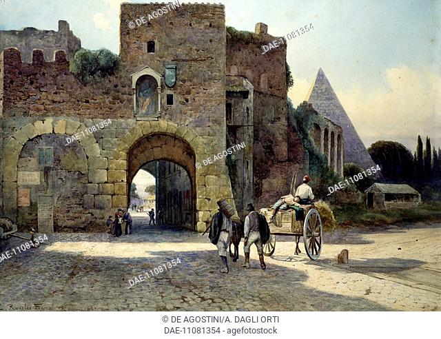 Porta San Paolo and Pyramid of Cestius in Rome, by Ettore Roesler Franz (1852-1907), watercolour. Italy, 19th century.  Roma