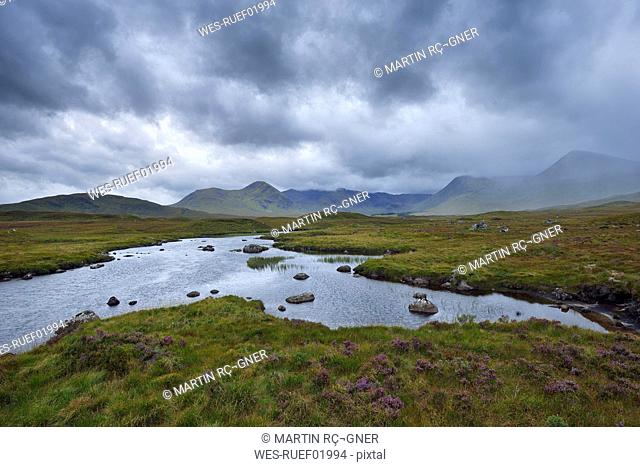Great Britain, Scotland, Scottish Highlands, Glencoe, Rannoch Moor, Loch Ba and rain clouds
