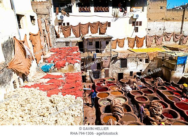 Chouwara traditional leather tannery in Old Fez, vats for tanning and dyeing leather hides and skins, Fez, Morocco, North Africa, Africa
