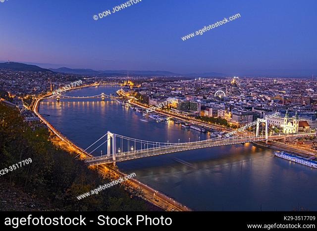 Views of Budapest from the Citadella- Danube and it's bridges at night, Budapest, Central Hungary, Hungary