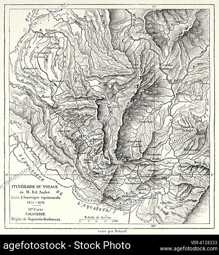 From Túquerres to Barbacoas, Nariño Department. Colombia, South America. Travel itinerary map through Equinoctial America 1875-1876 by Edward Francois Andre