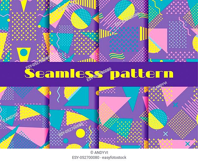 Memphis seamless pattern set. Geometric elements memphis in the style of 80's. Vector illustration