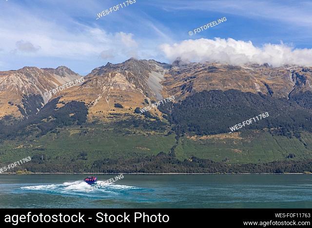 New Zealand, Oceania, South Island, Otago, New Zealand Alps, Glenorchy, Speedboat on Lake Wakatipu
