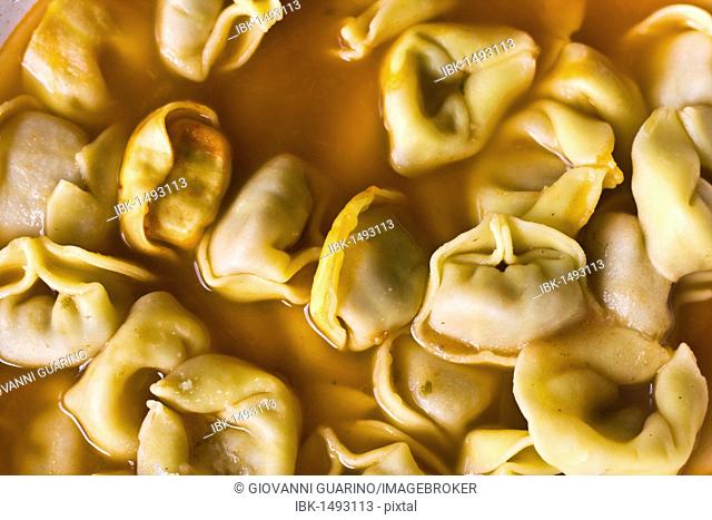 Tortellini pasta with broth, traditional recipe from Emilia Romagna, Italy