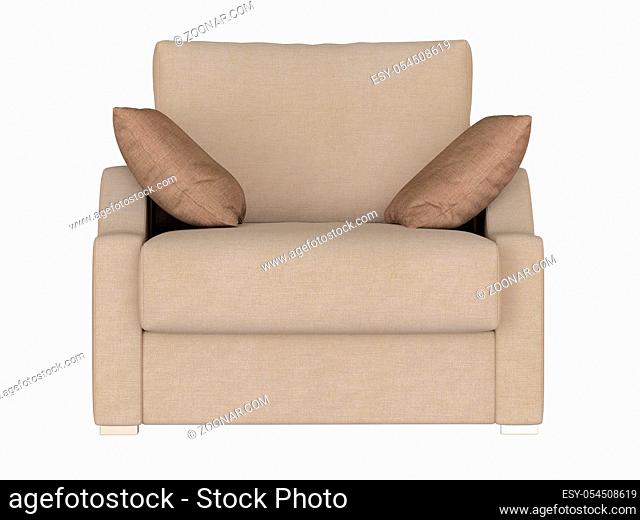 Armchair made of fabric with two pillows on a white background