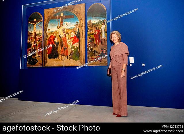 Queen Mathilde of Belgium pictured during a royal visit to the 'Dieric Bouts, beeldenmaker' expo on painter Dieric Bouts (1410-1475) at the M-Museum in Leuven