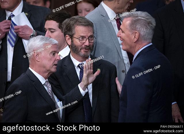 United States House Republican Leader Kevin McCarthy (Republican of California), right, talks with Freedom Caucus member United States Representative Andy...