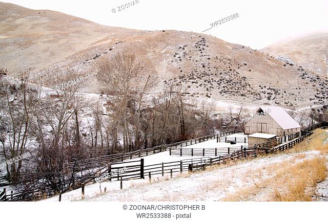 Fresh Snow Blankets Hillside Rural Country Scene Forgotten Ranch