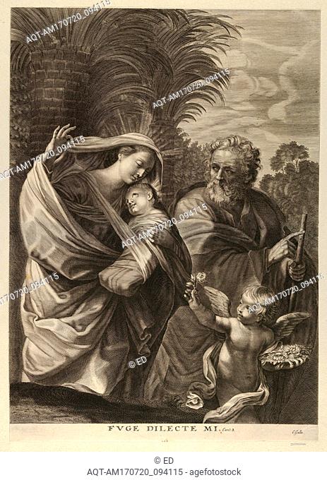 Drawings and Prints, Print, The Flight into Egypt; the Holy Family walking together, Saint Joseph pointing to the right and the Virgin carrying the infant...
