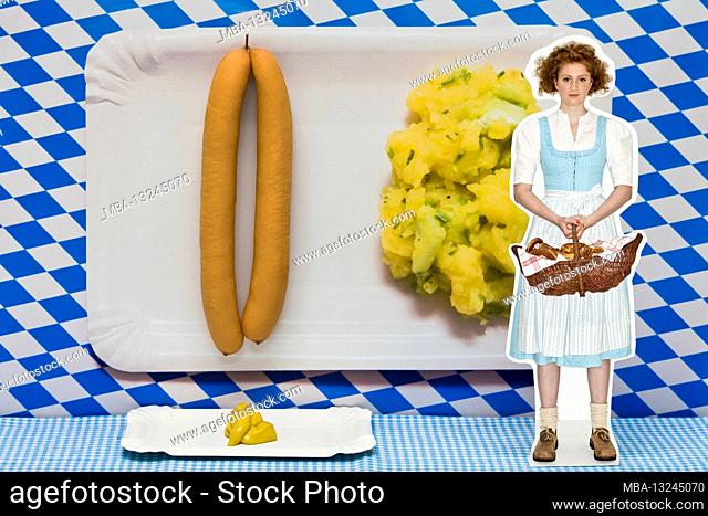 Wiener sausage, mashed potatoes, dirndl, pretzels, mustard, cut-out figure, woman, curls, blue-white, Bavarian, paper plate, traditional costume, basket