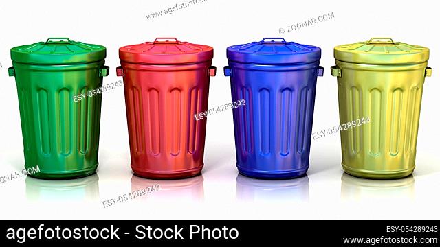 Four recycle bins for recycling paper, metal, glass and plastic. Isolated on white background