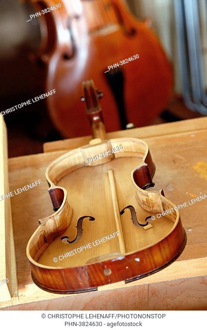 Crafts. Artisan luthier. Close-up on a violin being made