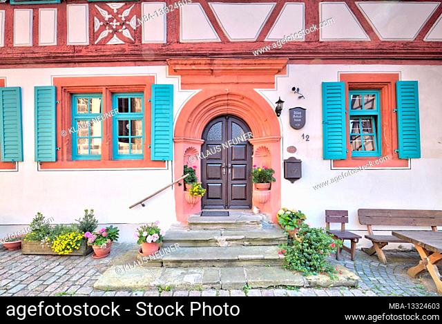 Old school house, half-timbered, house facade, Seßlach, Sesslach, Franconia, Bavaria, Germany