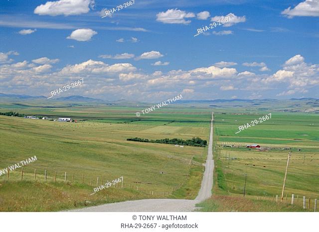 Road across prairie wheatlands, south of Calgary, Alberta, Canada