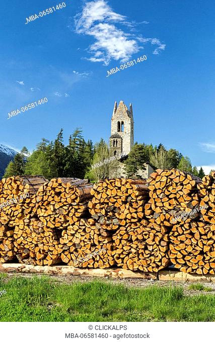 The church of San Gian surrounded by timber and snowy peaks Celerina Canton of Graubünden Engadine Switzerland Europe