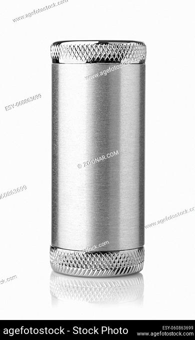 Front view of blank round aluminum pills container isolated on white