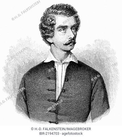 Historical illustration from the 19th century, portrait of Sándor Petofi or Alexander Petrovics, 1823 - 1849, a Hungarian poet and national hero of the...