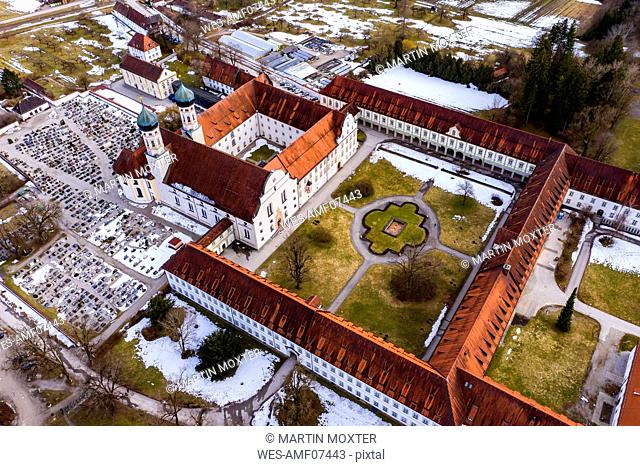 Aerial view over Benedictine monastery Benediktbeuren in winter, Bavaria, Germany