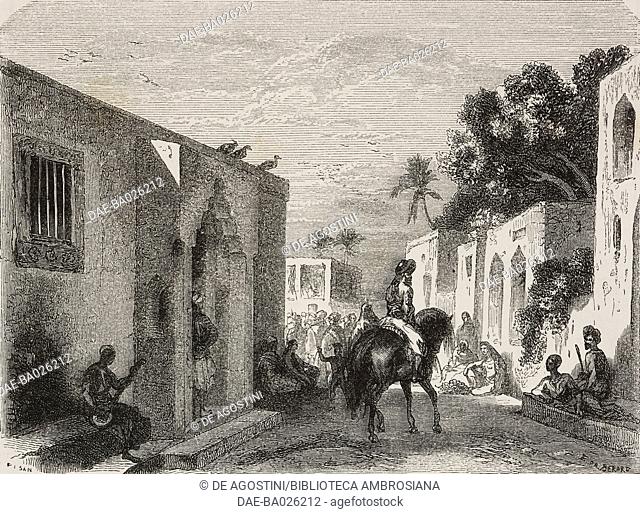 A street in Zanzibar, Tanzania, drawing by Evremond de Berard (1824-1881) from Journey to the Malabar, 1859, described by Rear Admiral Alphonse Fleuriot de...