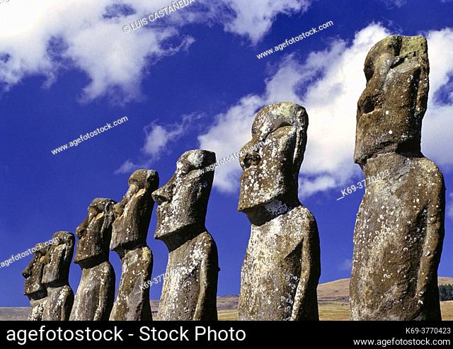 Moais at Ahu Akivi. Easter Island. Chile. . Ahu Akivi is an ahu with seven moai on Rapa Nui (Easter Island) in Chilean Polynesia