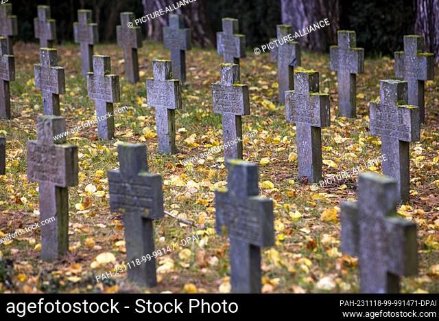 PRODUCTION - 17 November 2023, Mecklenburg-Western Pomerania, Schwerin: Grave crosses stand at the war graves memorial in the old cemetery