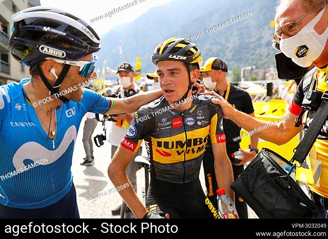 Spanish Alejandro Valverde of Movistar Team and American Sepp Kuss of Team Jumbo-Visma celebrate at the finish of stage 15 of the 108th edition of the Tour de...