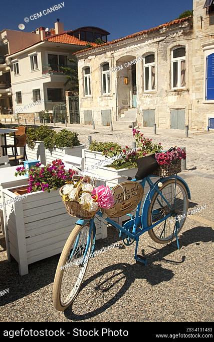 Flowers hanging on a bike in front of traditional houses at Smaller Sea-Küçükdeniz district of Old Foca, the ancient Phokaia, Foca, Izmir, Aegean Region, Turkey