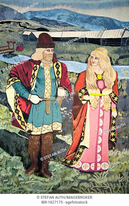 Icelandic couple from the old days of the sagas in typical dress, picture in a tapestry, Skógar open-air museum, Iceland, Scandinavia, Northern Europe, Europe