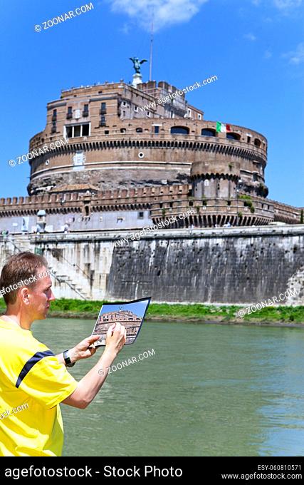 Italy. Rome. The man artist draws the Castel Sant' Angelo