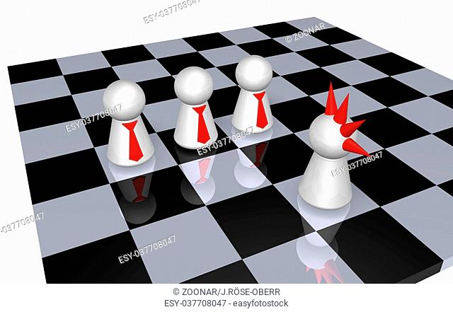 play figures - punk and businessmen on chess board - 3d illustration