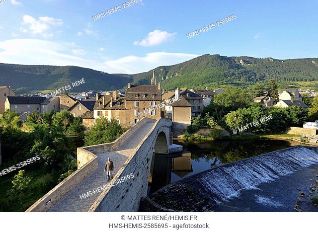 France, Lozere, Gevaudan, Lot Valley, Mende, Pont Notre Dame, Medieval bridge of the 12th century on the Lot river and St Privat cathedral