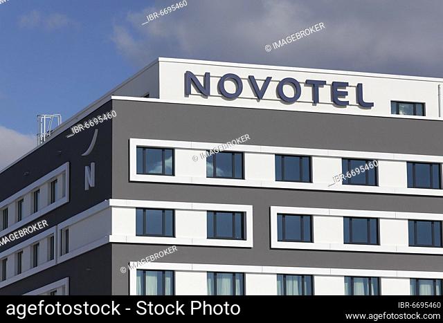 Novotel Düsseldorf Airport, logo on building, mid-range hotel, Düsseldorf, North Rhine-Westphalia, Germany, Europe