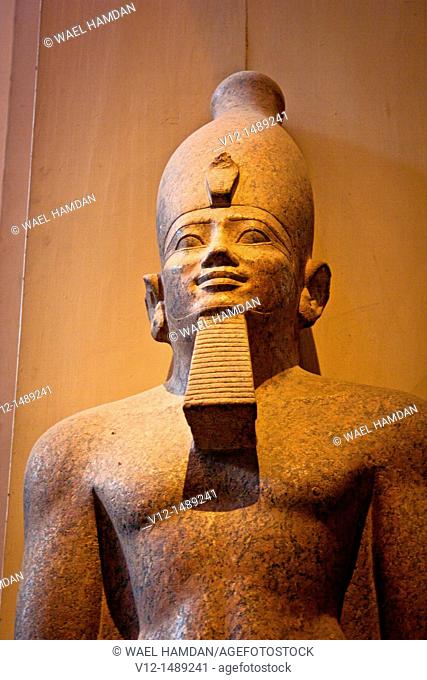 Colossus of King Senusert the First, Senusert is wearing the Double Crown of Upper and Lower Egypt protected by the uraeus, or royal cobra