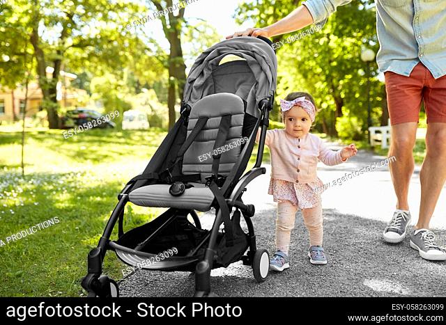 father with child in stroller at summer park