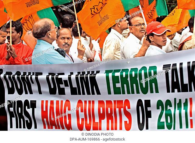 Bharatiya janata party bjp activists protesting against 26/11 terrorists attack ; Bombay Mumbai ; Maharashtra ; India 20-July-2009 NO MR