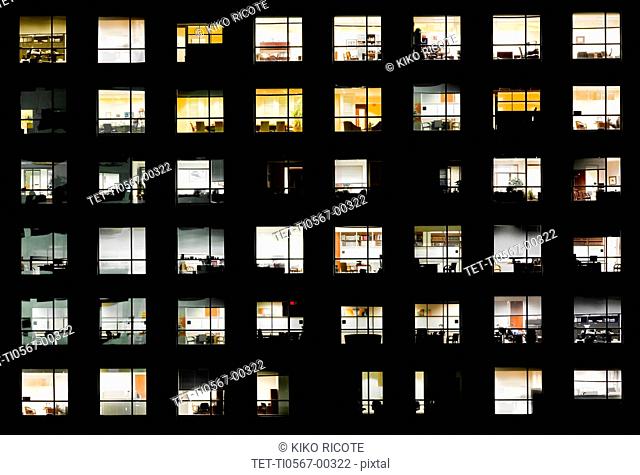 Windows in Sabadell Financial Center at night in Miami, Florida
