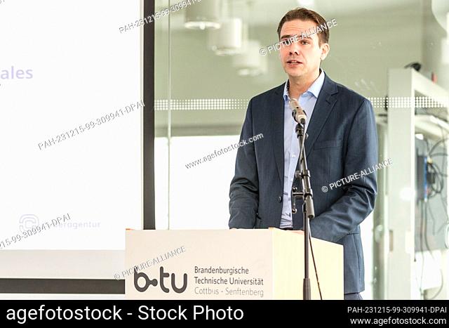 15 December 2023, Brandenburg, Cottbus: Markus Niggemann, Finance Officer of the City of Cottbus, sits at the signing of the contract between the Agency for...