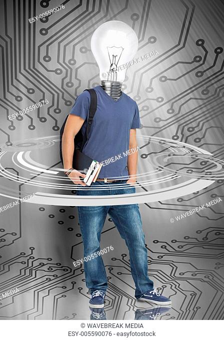 Student with light bulb head standing against circuit board background