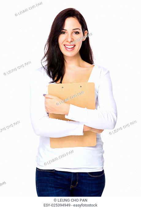 Caucasian woman hold with clipboard
