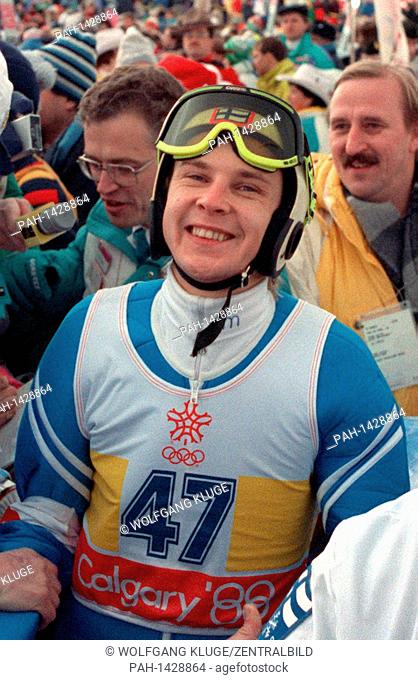 The Finn Matti Nykanen after his victory in ski jumping from the normal hill at the Olympic Winter Games in Calgary, Canada on 14.02.1988