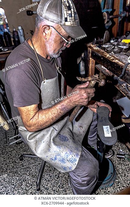 adult male shoemender working at his own workshop