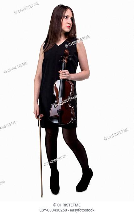 Brunette woman holding fiddle on white background