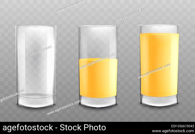 Three glasses empty and differently filled with juice or other yellow colored drink the 3d realistic vector illustration isolated on transparent background