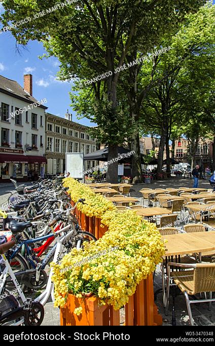 Colorful scene of a Brugge square, with bicycles
