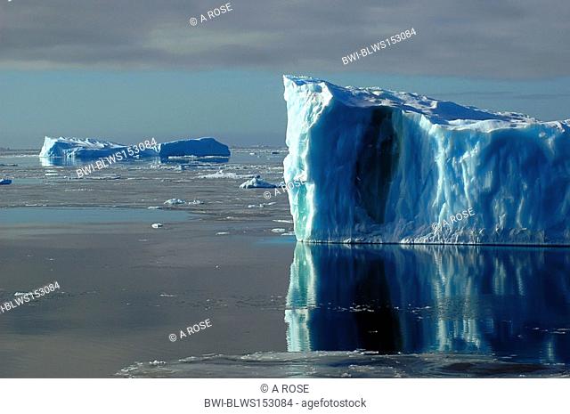 One side of a blue Antarctic iceberg in the Southern Ocean on a nearly flat sea covered by ice floes, Antarctica, Southern Ocean