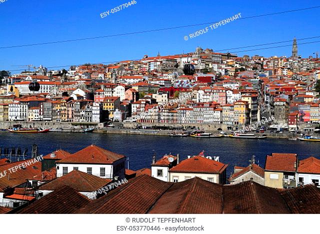 Panoramic view of old town of Porto over Douro river from Vila Nova de Gaia, Portugal